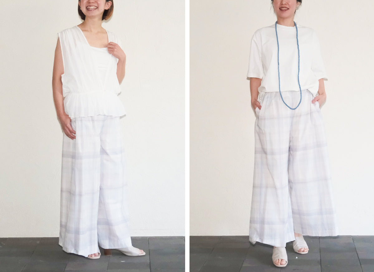 白のトップスと合わせて爽やかに