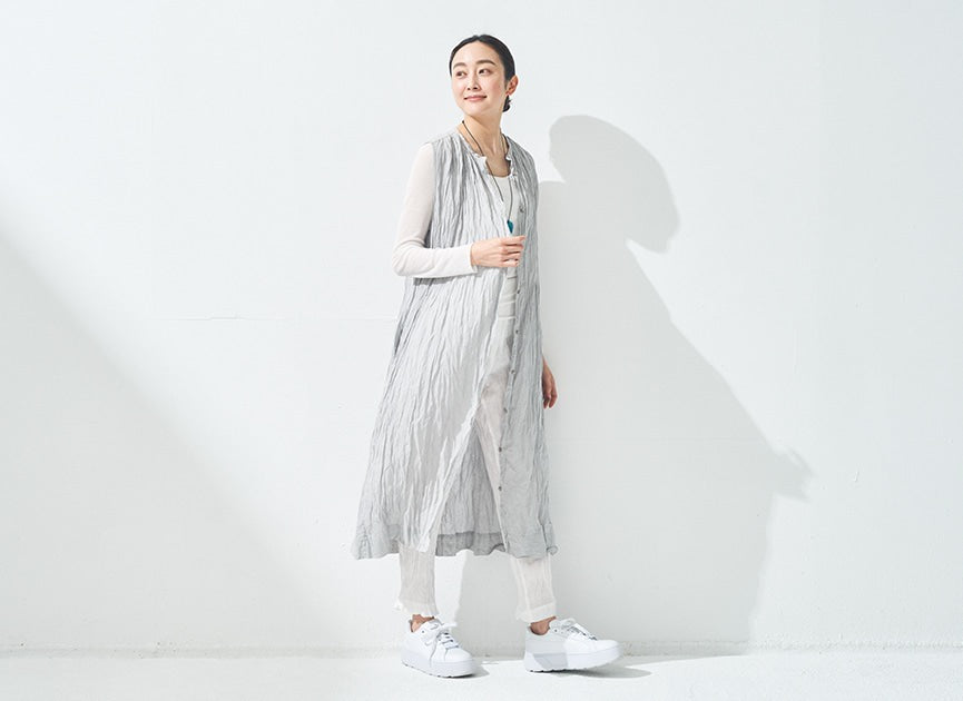草木染め コットンリネン ハンドプリーツワンピース