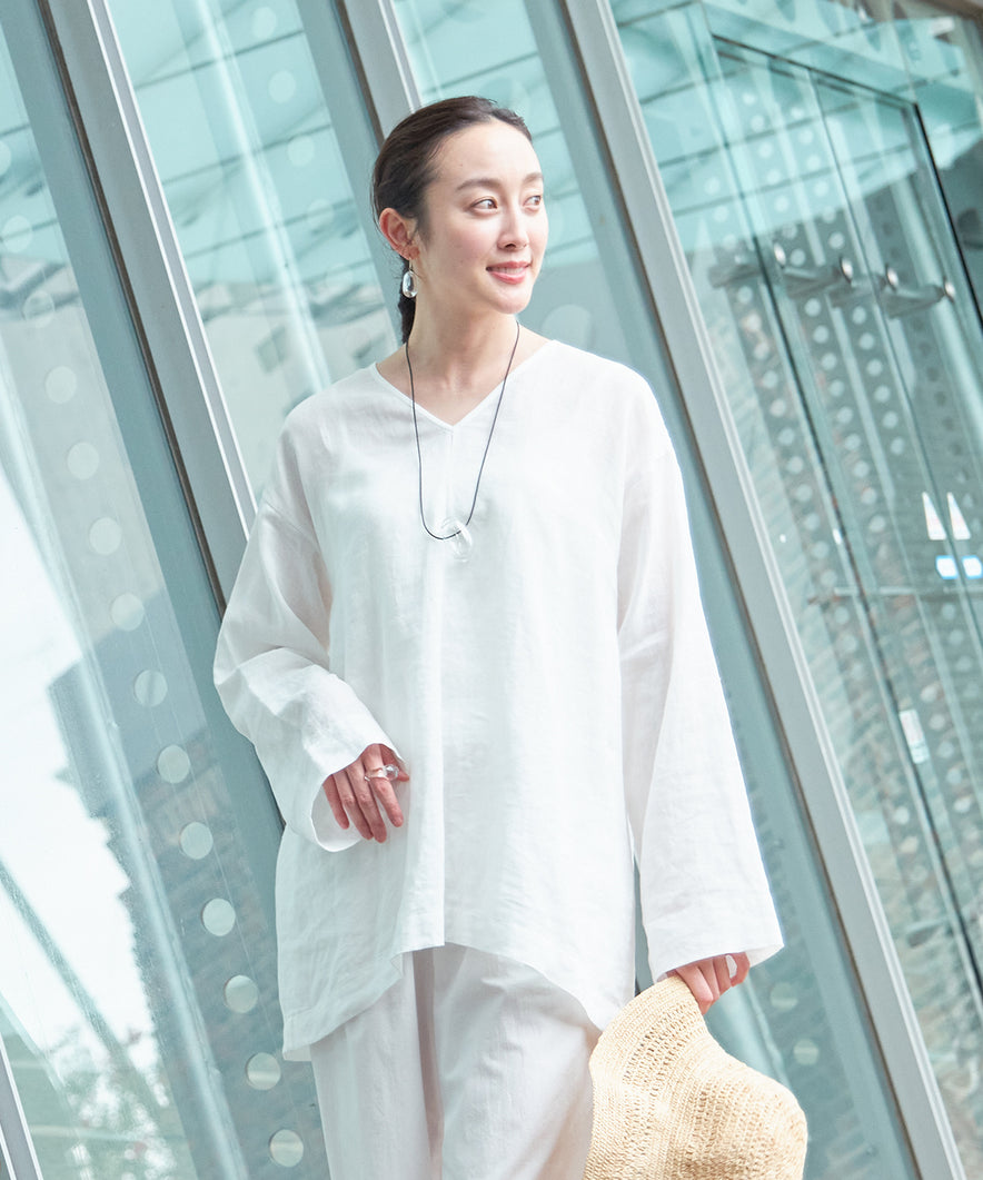 【3/13発送予定】コットンリネン平Ｖネックフレアチュニック