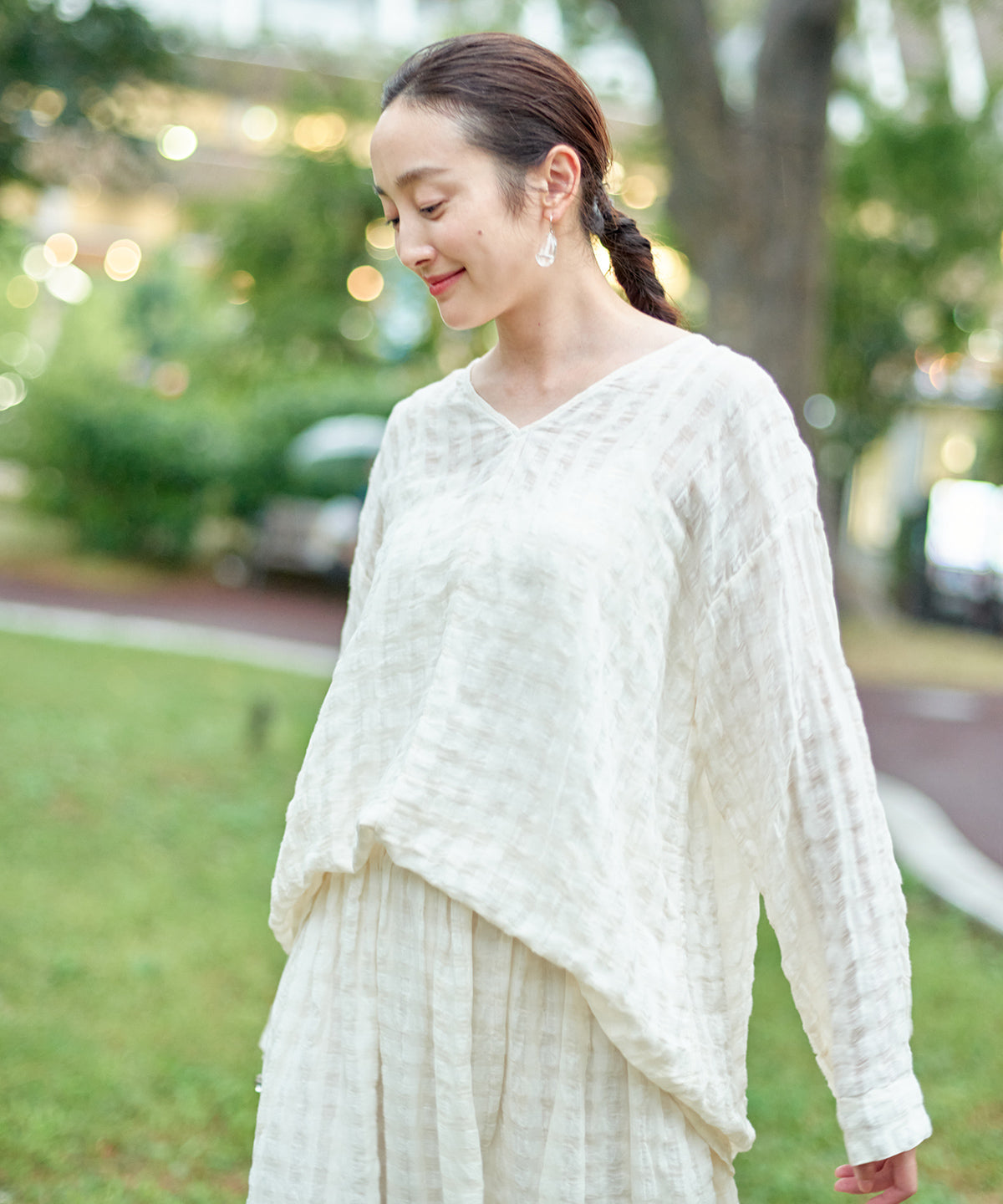 Vネックフレアスリーブチュニック sana｜フレアチュニック tunic (broad for towel loom) フレアスリーブ