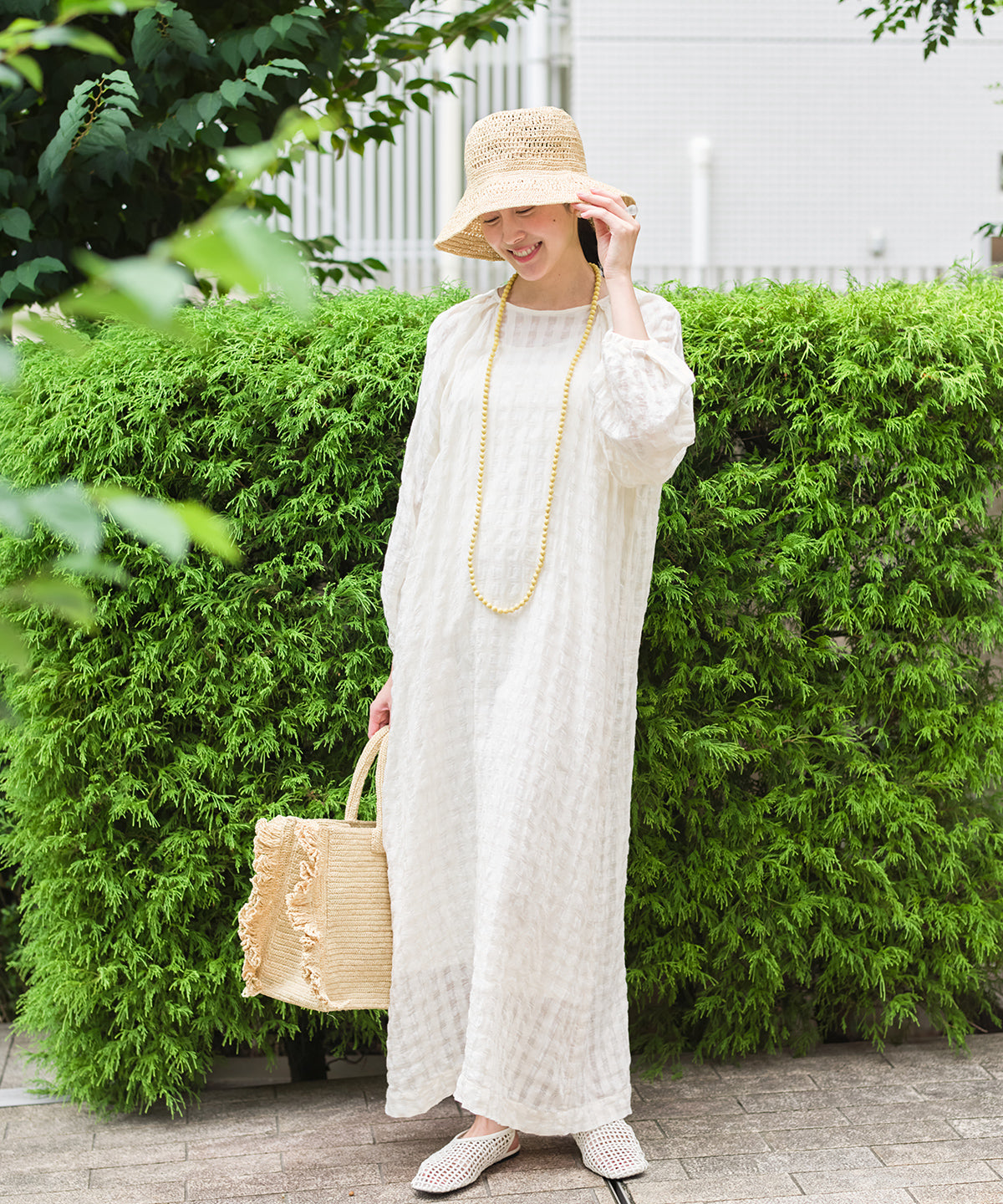 ダックス ワンピース L ハウスチェック 半袖 ひざ丈 上品　クルーネック　春夏 シャドウチェックタックスリーブワンピース – PRISTINE