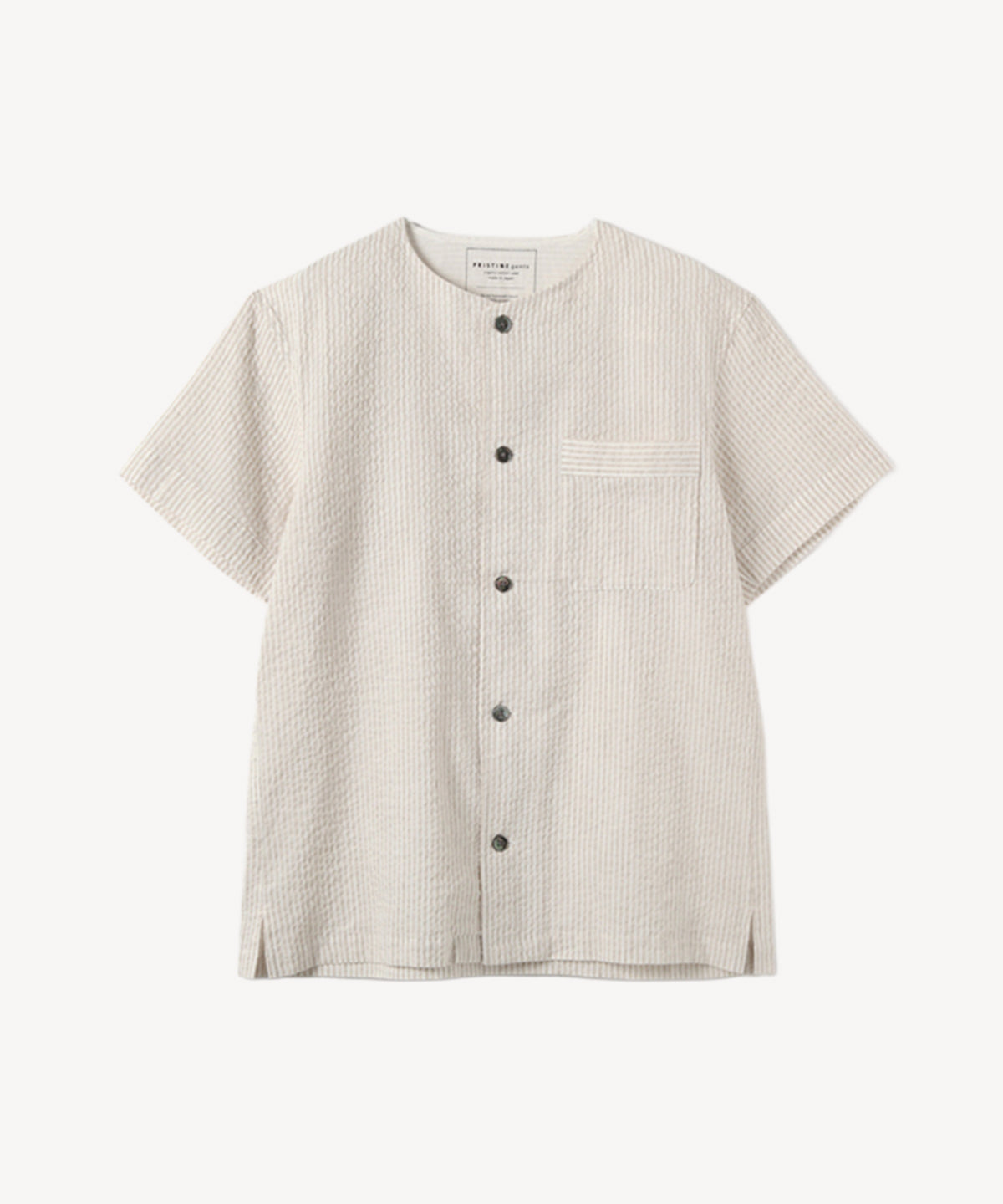 オーガニックコットン 「 サッカーストライプノーカラーシャツ 」｜PRISTINE